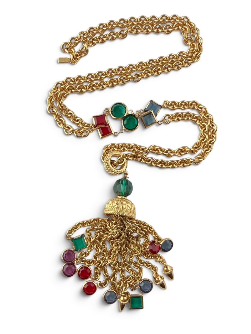 Vintage Swarovski Multicolor Bezel Set Crystal Tassel Chain Necklace FLAWS